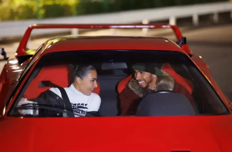 Kim Kardashian in the passenger seat of the Ferrari F40 with Lewis Hamilton, Tokyo 2026